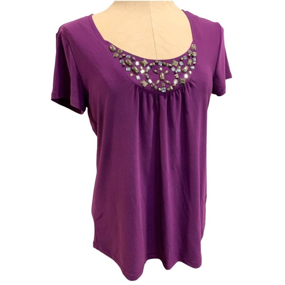 Small Notations Purple Short Sleeve Pullover Shirt Blouse Embellished Neckline
